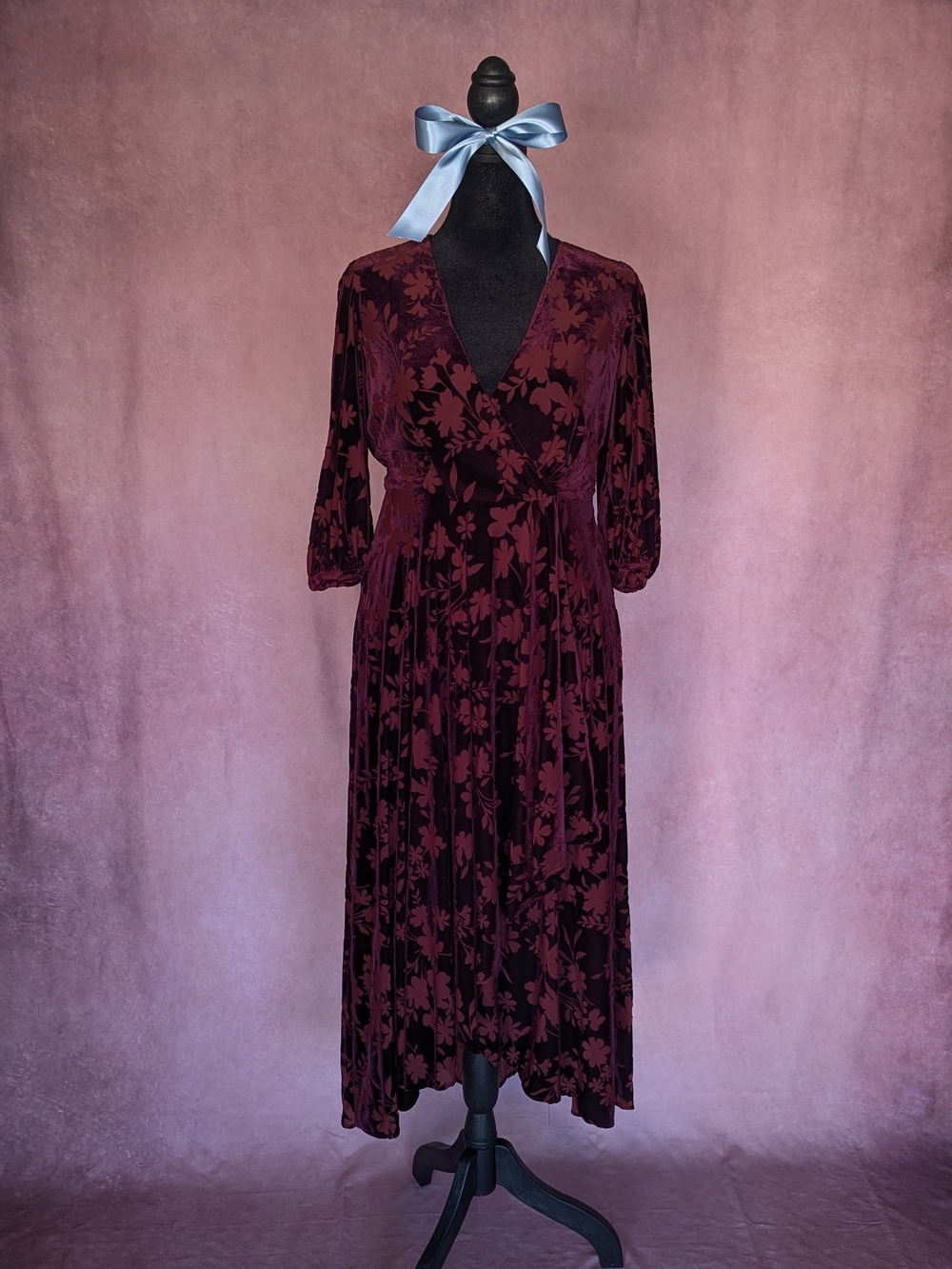Calvin Klein Burgundy Burnout Velvet Floral Midi Dress